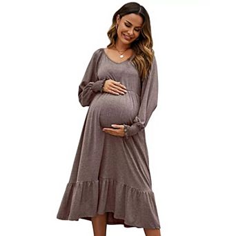 Womens Maternity Dress Puff Long Sleeve V Neck Pleated Flare Midi Flowy Dress