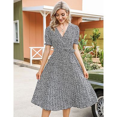Women's Lantern Sleeve Pleated Tie Belt Dress