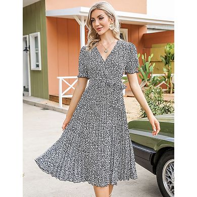 Women's Lantern Sleeve Pleated Tie Belt Dress