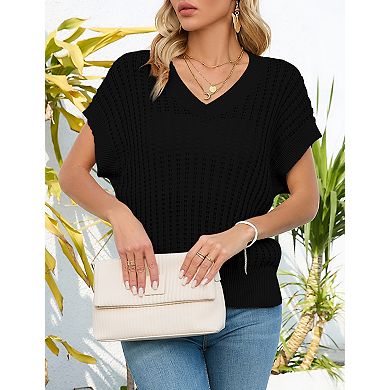 Women's Lightweight Crochet V-Neck Vest with Cap Sleeves Ribbed Trim