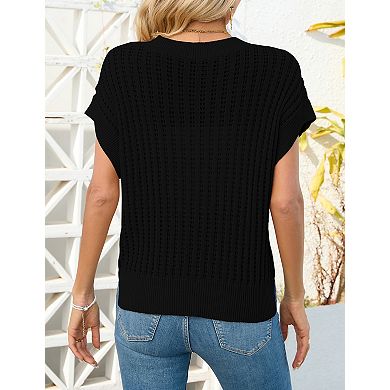 Women's Lightweight Crochet V-Neck Vest with Cap Sleeves Ribbed Trim