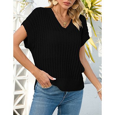 Women's Lightweight Crochet V-Neck Vest with Cap Sleeves Ribbed Trim