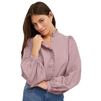ellos Plus Size Ruffle Trim Button Front Blouse