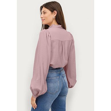 ellos Plus Size Ruffle Trim Button Front Blouse