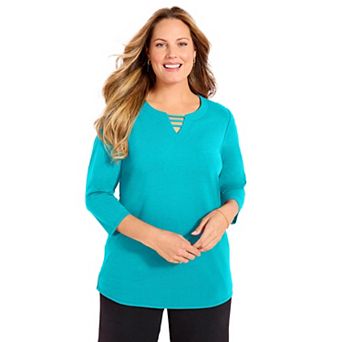 Catherines Women's Plus Size Suprema 3/4 Sleeve V-Neck Cutout Tee