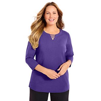 Catherines Women's Plus Size Suprema 3/4 Sleeve V-Neck Cutout Tee