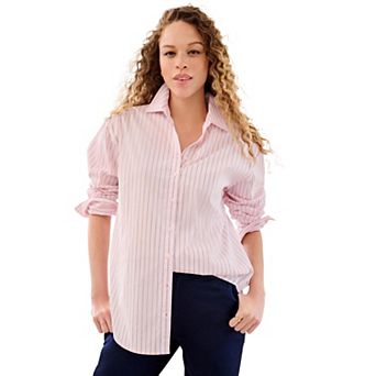 ellos Plus Size Cotton Stretch Button Front Oversized Shirt