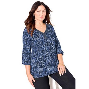 Catherines Women's Plus Size Embellished Y-Neck Peasant Top