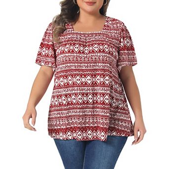 Women's Plus Size Square Neck Short Sleeve Tops Boho Print Summer t Shirt Tops Blouse Vacation