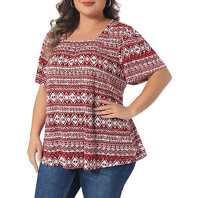 Women's Plus Size Square Neck Short Sleeve Tops Boho Print Summer t Shirt Tops Blouse Vacation