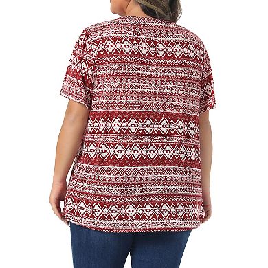 Women's Plus Size Square Neck Short Sleeve Tops Boho Print Summer t Shirt Tops Blouse Vacation
