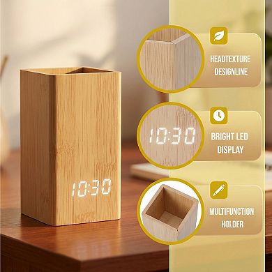 Multifunctional LED Alarm Clock with Pen Storage, 4-Level Brightness, Voice Wake-Up 2.8"x2.6"x5.5"