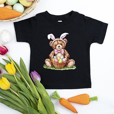 Teddy Bear Easter Basket Watercolor - Toddler Short Sleeve Graphic T-Shirt
