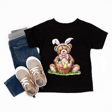 Teddy Bear Easter Basket Watercolor - Toddler Short Sleeve Graphic T-Shirt