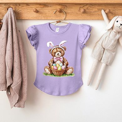 Teddy Bear Easter Basket Watercolor - Flutter Sleeve Graphic T-Shirt