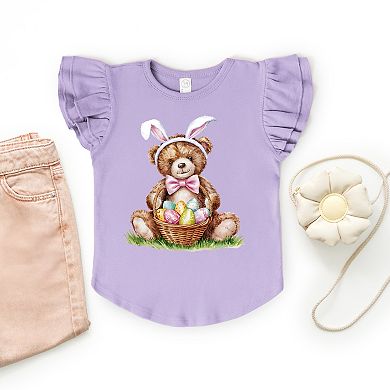 Teddy Bear Easter Basket Watercolor - Flutter Sleeve Graphic T-Shirt