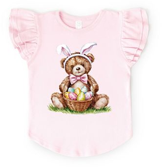Teddy Bear Easter Basket Watercolor - Flutter Sleeve Graphic T-Shirt