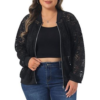 Women's Plus Size Jacket Sheer Floral Lace Zip Up Long Sleeve Lightweight Baseball Jackets