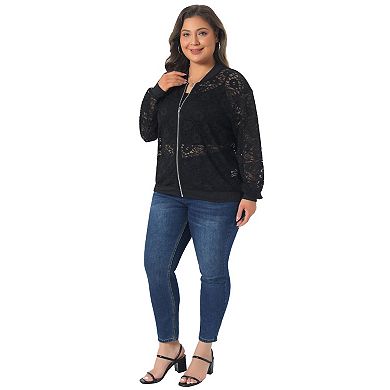 Women's Plus Size Jacket Sheer Floral Lace Zip Up Long Sleeve Lightweight Baseball Jackets