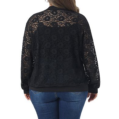 Women's Plus Size Jacket Sheer Floral Lace Zip Up Long Sleeve Lightweight Baseball Jackets