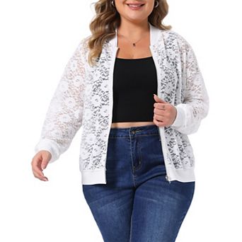 Women's Plus Size Jacket Sheer Floral Lace Zip Up Long Sleeve Lightweight Baseball Jackets