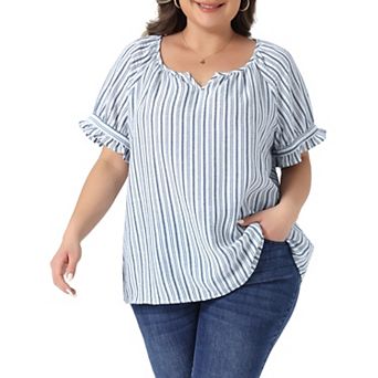 Women's Plus Size Cotton Lined Top Notch V Neck Puff Short Sleeve Stripes Shirt Blouses Casual Tops