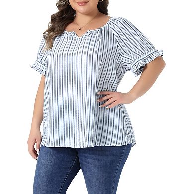 Women's Plus Size Cotton Lined Top Notch V Neck Puff Short Sleeve Stripes Shirt Blouses Casual Tops