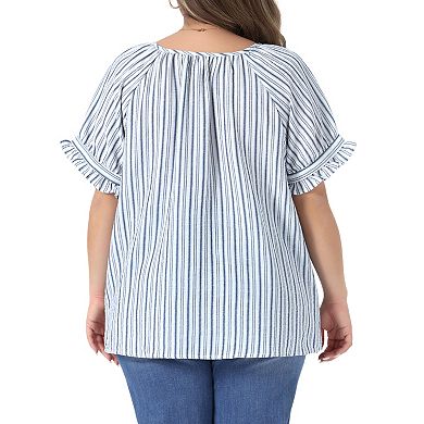 Women's Plus Size Cotton Lined Top Notch V Neck Puff Short Sleeve Stripes Shirt Blouses Casual Tops