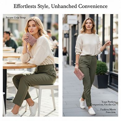 AKSZRI Women's RFID Leather Wallet - Large Capacity Clutch with Grip Strap & Card Holder