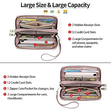AKSZRI Women's RFID Leather Wallet - Large Capacity Clutch with Grip Strap & Card Holder