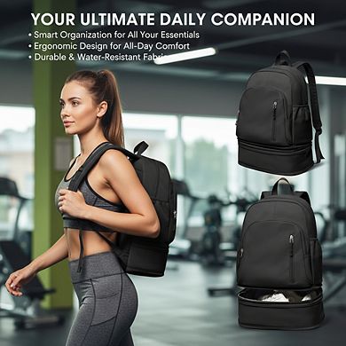 AKSZRI Unisex Lightweight Gym Backpack with Shoe Compartment, Waterproof & Wet Pocket - Black