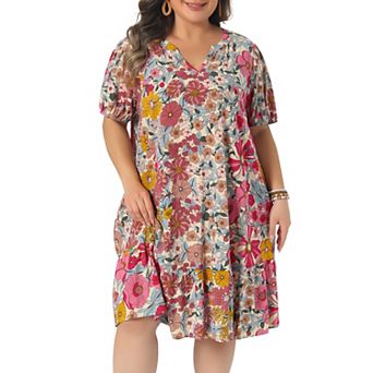 Women's Plus Size Summer Dress V Neck Short Sleeve Floral Midi Boho Beach Vacation Sundress