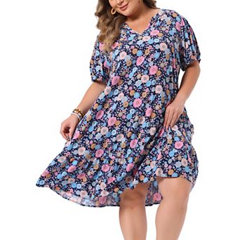 Women's Plus Size Summer Dress V Neck Short Sleeve Floral Midi Boho Beach Vacation Sundress