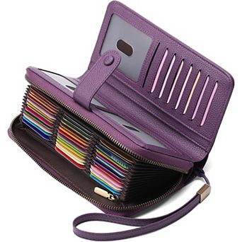 AKSZRI Women's Purple Leather RFID Card Holder - 45 Slot Bifold Wallet with Zipper & Wristlet