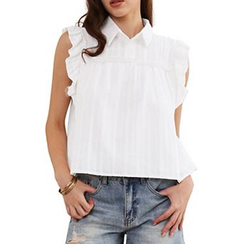 Summer Tops for Women's Button Up Collared Cap Sleeve Ruffle Casual Top Blouses