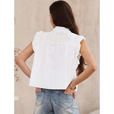 Summer Tops for Women's Button Up Collared Cap Sleeve Ruffle Casual Top Blouses