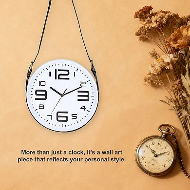 Industrial Wall Clock with Leather Strap, 12" Silent Non-Ticking Round Clock, Large Numerals Style