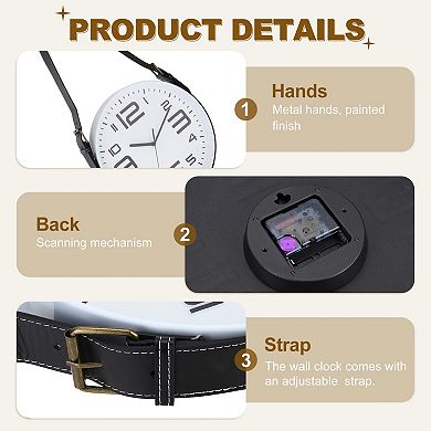 Industrial Wall Clock with Leather Strap, 12" Silent Non-Ticking Round Clock, Large Numerals Style