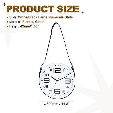 Industrial Wall Clock with Leather Strap, 12" Silent Non-Ticking Round Clock, Large Numerals Style