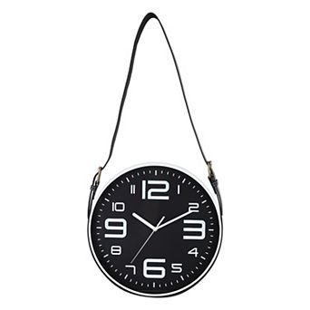 Industrial Wall Clock with Leather Strap, 12" Silent Non-Ticking Round Clock, Large Numerals Style