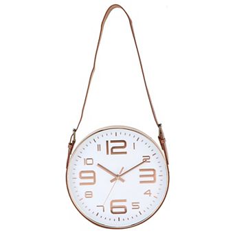 Industrial Wall Clock with Leather Strap, 12" Silent Non-Ticking Round Clock, Large Numerals Style