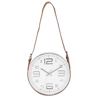 Industrial Wall Clock with Leather Strap, 12" Silent Non-Ticking Round Clock, Large Numerals Style