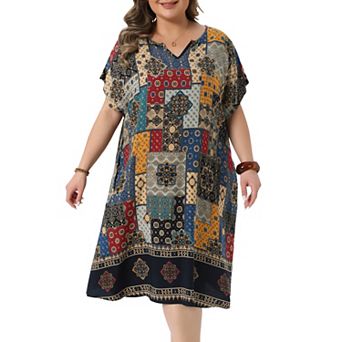 Women's Plus Size Dress Summer V Neck Short Sleeve Floral Print Beach Vacation Casual Midi Dresses