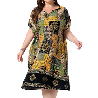 Women's Plus Size Dress Summer V Neck Short Sleeve Floral Print Beach Vacation Casual Midi Dresses