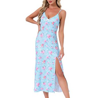Women's Nightgown Chemise Floral Split Midi V Neck Bow Spaghetti Strap Sleeveless Cami Pajama Dress