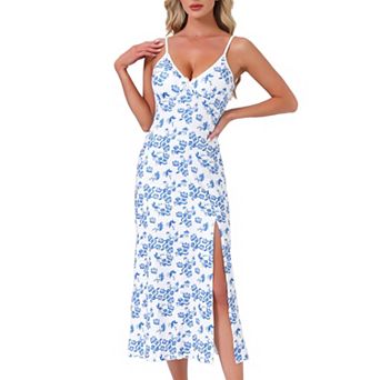 Women's Nightgown Chemise Floral Split Midi V Neck Bow Spaghetti Strap Sleeveless Cami Pajama Dress