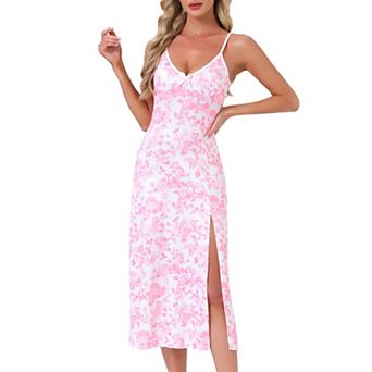 Women's Nightgown Chemise Floral Split Midi V Neck Bow Spaghetti Strap Sleeveless Cami Pajama Dress