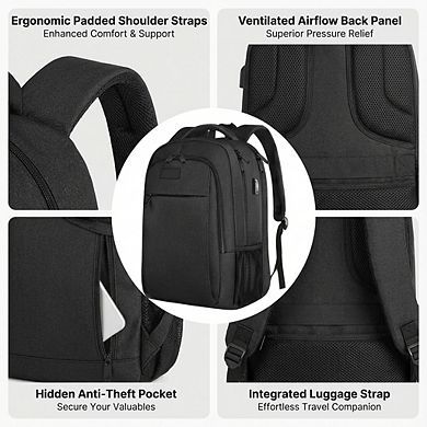 AKSZRI Anti-Theft Business Backpack - 17" Laptop, USB Port & TSA-Friendly for Travel