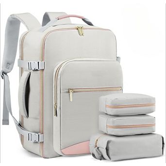 AKSZRI 40L TSA-Friendly Carry-On Backpack - Waterproof with 3 Packing Cubes (Light Gray-Pink)