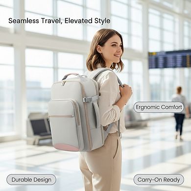 AKSZRI 40L TSA-Friendly Carry-On Backpack - Waterproof with 3 Packing Cubes (Light Gray-Pink)